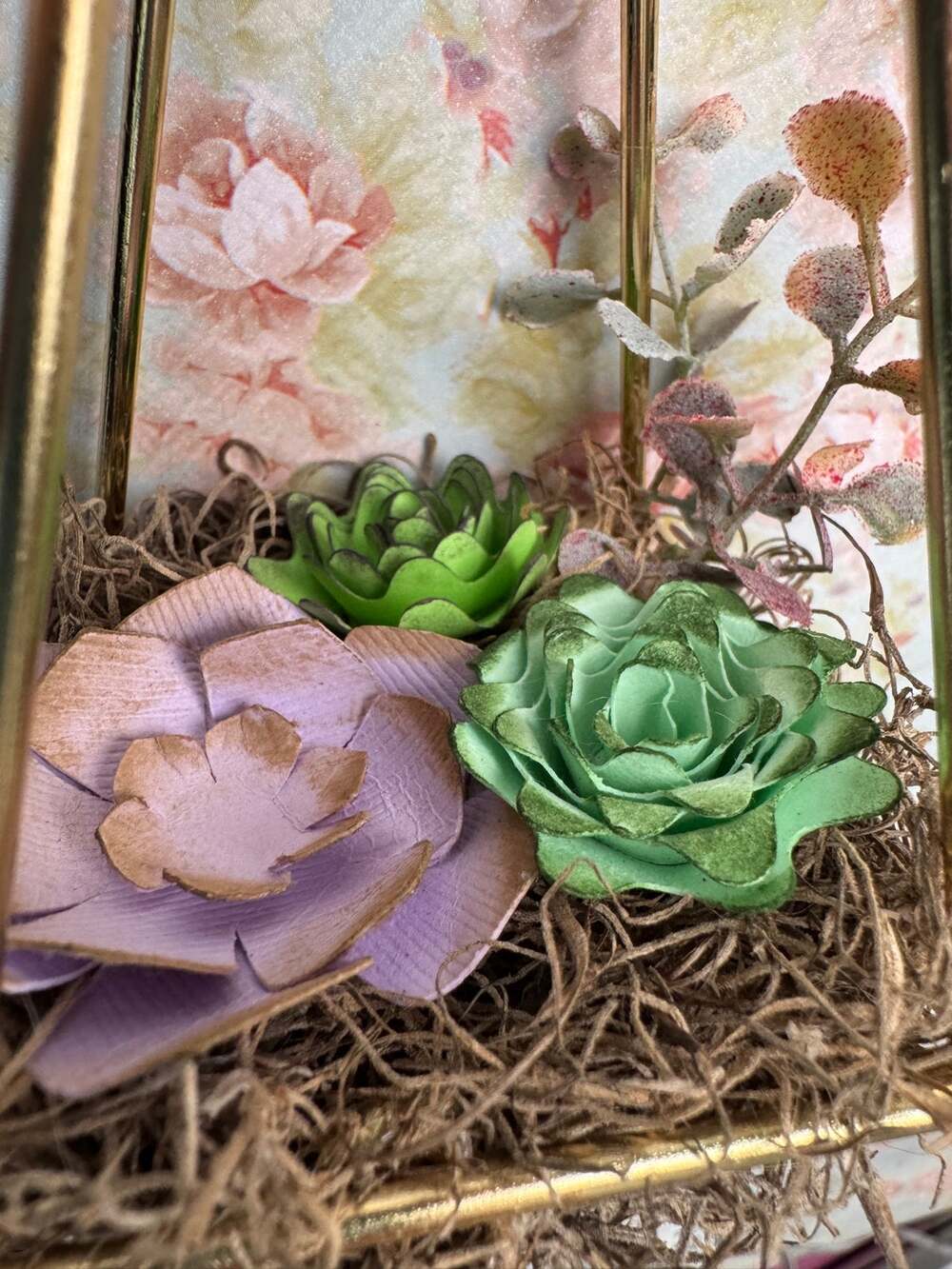 9” Gold Geometric Hanging Moss Terrarium Paper Succulent, Botanical Wall Decor